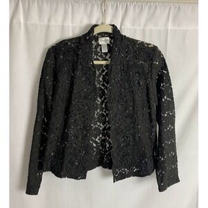 Chicos Black Lace Beaded Embellished Collarless Open Front Jacket Blazer M‎